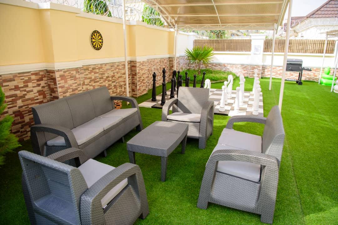 An outdoor seating area on the lawn for quiet relaxation
