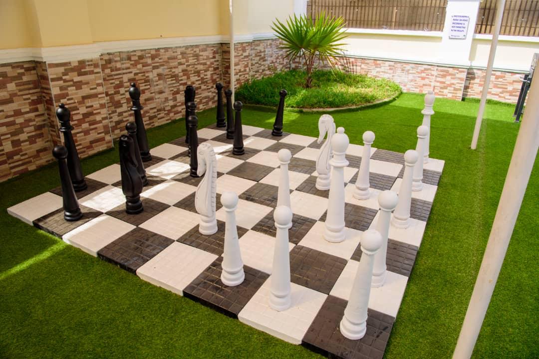 A recreation lawn with an outdoor games area