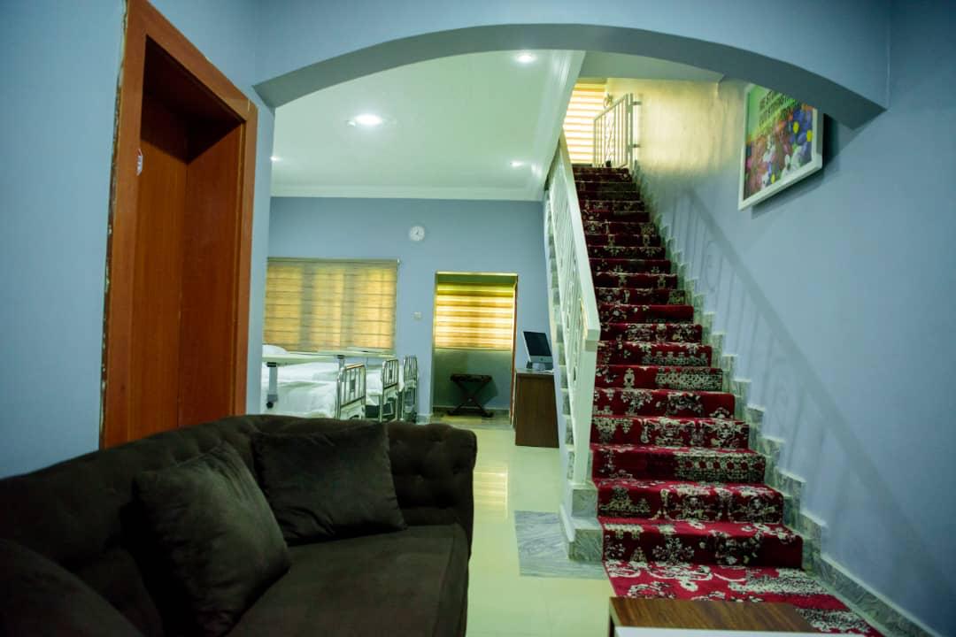 A facility stairwell and adjoining sitting area supporting daily movement